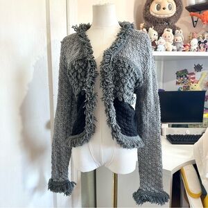 KAKTUS grey and black fairy grunge textured knit cardigan sweater with fringe